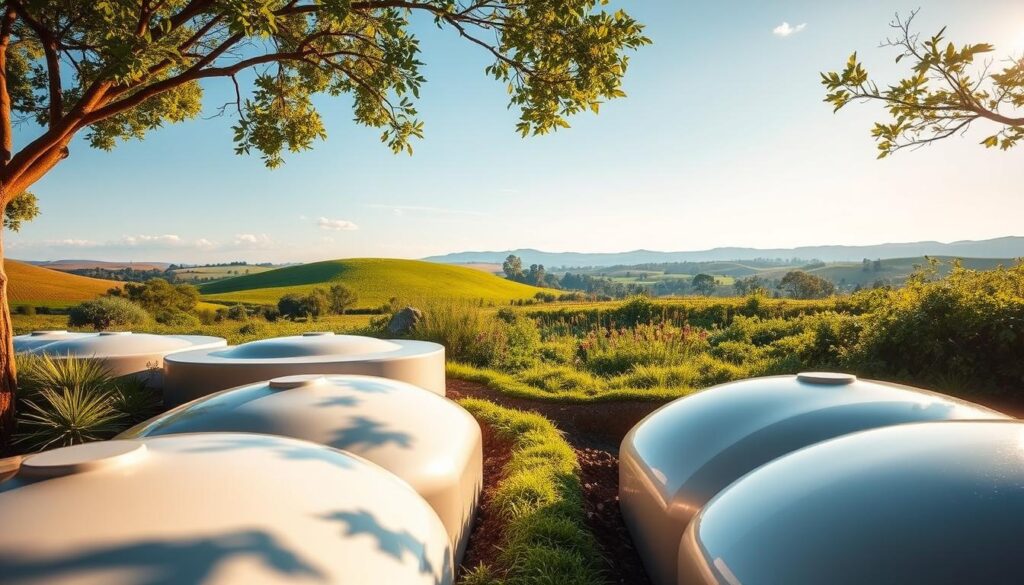 A modern, eco-friendly sewage system in a lush, verdant landscape. In the foreground, a series of sleek, minimalist septic tanks or underground drainage pipes, their smooth surfaces glistening under warm, diffused sunlight. The middle ground reveals expertly landscaped gardens, with flourishing native plants and flowers, indicating a healthy, self-sustaining ecosystem. In the background, rolling hills and a clear, azure sky, conveying a sense of tranquility and harmony between natural and engineered elements. The overall scene exudes a feeling of sustainability, efficiency, and environmental responsibility, reflecting the article's focus on alternatives to traditional septic tanks.
