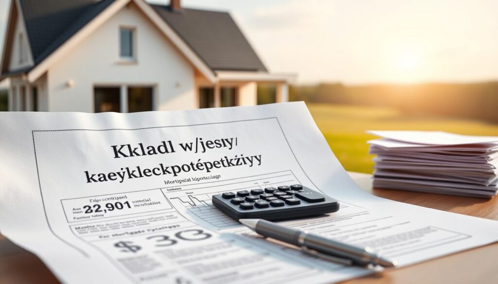 A modern, minimalist house with a detailed blueprint of a mortgage contract in the foreground, showcasing the concept of "wkład własny kredyt hipoteczny" (personal contribution for a mortgage). The middle ground features a calculator, a pen, and a stack of documents, symbolizing the financial planning and paperwork involved in the mortgage process. The background is a serene, blurred landscape, conveying a sense of security and stability associated with home ownership. The lighting is soft and natural, creating a warm, inviting atmosphere. The overall composition emphasizes the importance of personal financial contribution in the context of a mortgage, reflecting the subject and section title of the article. A modern, minimalist house with a detailed blueprint of a mortgage contract in the foreground, showcasing the concept of "wkład własny kredyt hipoteczny" (personal contribution for a mortgage). The middle ground features a calculator, a pen, and a stack of documents, symbolizing the financial planning and paperwork involved in the mortgage process. The background is a serene, blurred landscape, conveying a sense of security and stability associated with home ownership. The lighting is soft and natural, creating a warm, inviting atmosphere. The overall composition emphasizes the importance of personal financial contribution in the context of a mortgage, reflecting the subject and section title of the article.
