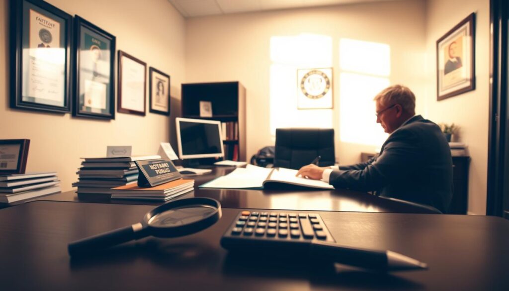A modern notary office interior with a professional notary public sitting at a desk and reviewing legal documents. Warm lighting illuminates the scene, casting subtle shadows. The desk is adorned with a nameplate, a computer, and stacks of files. On the walls, framed certificates and artwork create a refined, authoritative atmosphere. In the foreground, a magnifying glass, a calculator, and a pen sit neatly arranged, suggesting the diligence and attention to detail required for notarial transactions. The overall scene conveys the seriousness and significance of the additional fees associated with notarial procedures. A modern notary office interior with a professional notary public sitting at a desk and reviewing legal documents. Warm lighting illuminates the scene, casting subtle shadows. The desk is adorned with a nameplate, a computer, and stacks of files. On the walls, framed certificates and artwork create a refined, authoritative atmosphere. In the foreground, a magnifying glass, a calculator, and a pen sit neatly arranged, suggesting the diligence and attention to detail required for notarial transactions. The overall scene conveys the seriousness and significance of the additional fees associated with notarial procedures.