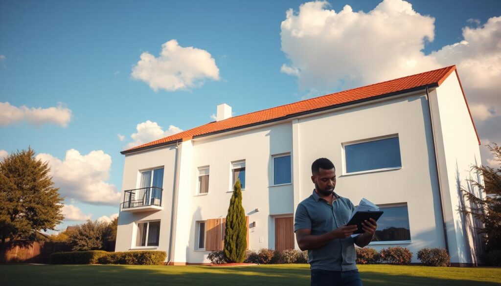 A modern two-story residential building with white walls and a red tiled roof, set against a backdrop of a clear blue sky with fluffy white clouds. The building is surrounded by a well-manicured lawn and a few tall trees, casting gentle shadows on the facade. In the foreground, a person stands, examining the insulation materials and costs, with a tablet in hand, deep in thought about the upcoming renovations. Warm, natural lighting illuminates the scene, conveying a sense of contemplation and planning for the upcoming insulation project. The overall tone is one of calm consideration, as the viewer is invited to imagine the process of upgrading the building's energy efficiency.