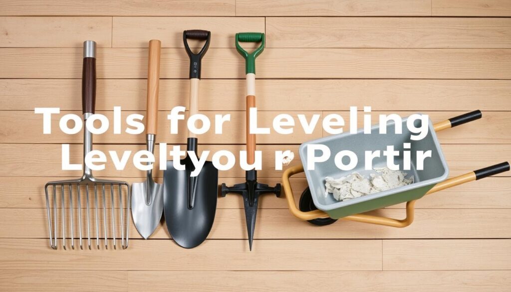 A neatly arranged collection of gardening tools for leveling terrain, including a metal rake, a shovel, a pick-axe, and a wheelbarrow. The tools are positioned on a wooden surface, with a neutral background that allows the tools to stand out. The lighting is soft and natural, creating subtle shadows and highlighting the textures of the tools. The overall scene conveys a sense of organization and functionality, suitable for illustrating a section on tools for leveling a property.