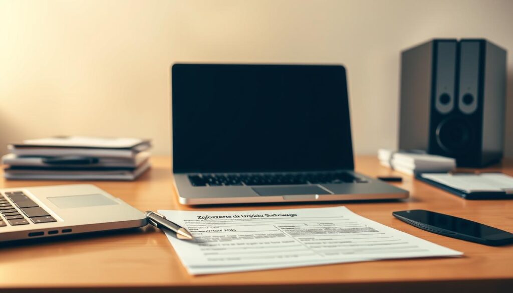 A neatly arranged office desk with a laptop, a pen, a stack of documents, and a "Zgłoszenie do Urzędu Skarbowego" form prominently displayed. The scene is bathed in warm, directional lighting, creating a sense of professionalism and attention to detail. The background is a clean, minimalist workspace, free of clutter, allowing the key elements to stand out. The overall mood conveys a sense of order, organization, and the importance of properly filing one's tax documents with the local tax office.