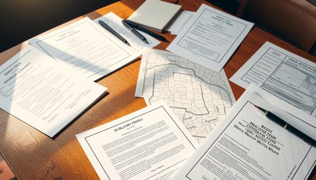 A neatly organized collection of official documents arranged on a wooden table, illuminated by warm, natural lighting. The documents include land titles, survey maps, property deeds, and other legal papers essential for the division of a land plot. The scene conveys a sense of diligence and attention to detail, reflecting the careful process of subdividing a property. The overall atmosphere is one of professionalism and attention to important details.