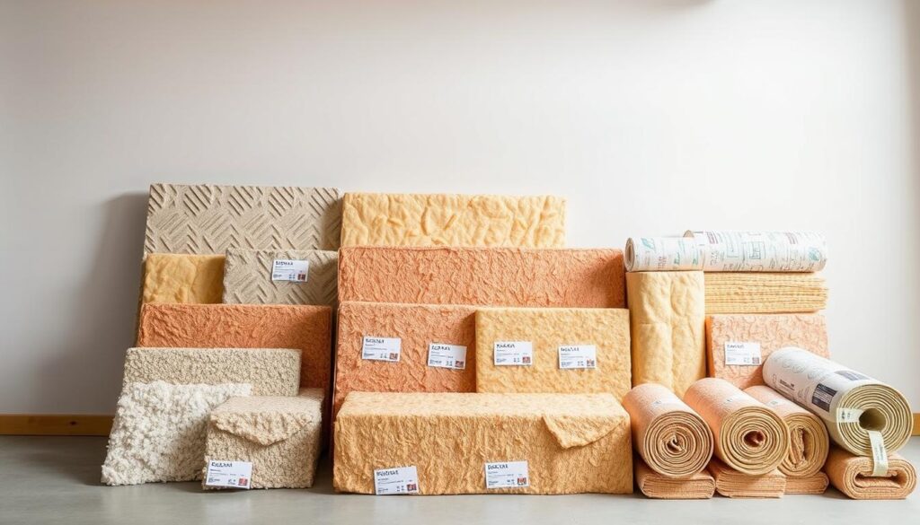 A neatly organized display of thermal insulation materials, showcasing a variety of options in a well-lit, studio-style setting. The foreground features various insulation panels, batts, and rolls, arranged in a visually appealing manner to highlight their textures, R-values, and thicknesses. The middle ground includes labels or price tags, providing clear information about the cost and key specifications of each insulation type. The background maintains a clean, minimalist aesthetic, allowing the insulation products to take center stage and be the focus of the image. The overall composition conveys a sense of professionalism, attention to detail, and a helpful resource for those considering thermal insulation for their wooden home.