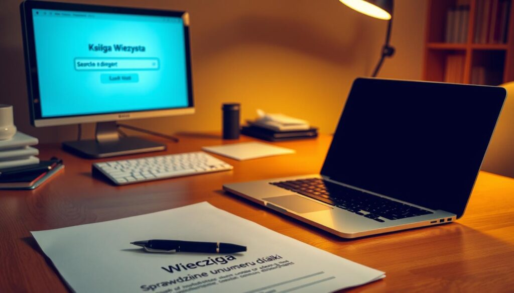 A neatly organized office desk with a wooden surface, featuring a laptop, a pen, and a document titled "Księga Wieczysta" (Land Registry). In the background, a computer monitor displays the online interface for searching land parcel information, with the text "Sprawdzenie Numeru Działki" (Checking Land Parcel Number) prominently displayed. Warm, indirect lighting illuminates the scene, creating a professional and focused atmosphere. The overall composition emphasizes the process of researching land records and accessing property information online.