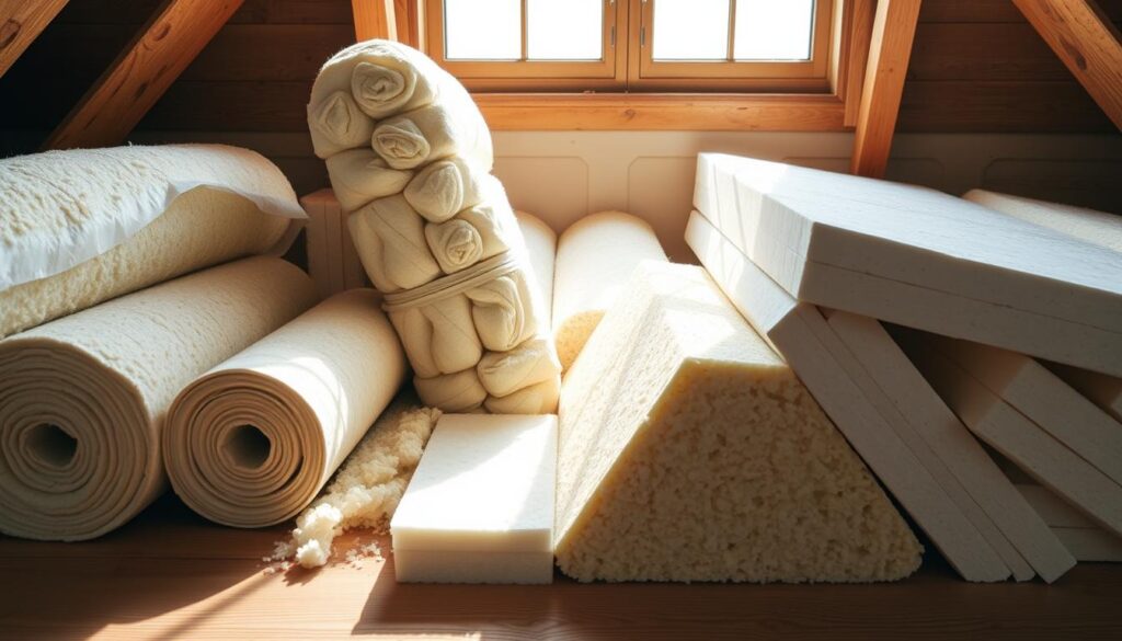 A neatly organized set of insulation materials for an attic, including rolls of mineral wool, fiberglass batts, and rigid foam panels. The materials are arranged on a wooden surface with natural lighting from a window, casting soft shadows. The composition emphasizes the variety, textures, and thermal properties of the insulation options. The image conveys a sense of informative practicality, highlighting the different insulation materials suitable for attic spaces.