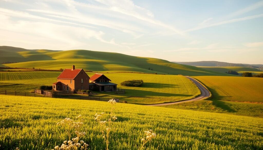 A peaceful countryside scene featuring a lush, rolling green field dotted with wildflowers. In the foreground, a quaint farmhouse with a red tile roof and well-tended garden, surrounded by a wooden fence. In the middle ground, a dirt road winds through the landscape, leading to a gently sloping hill in the distance, where a family-owned plot of agricultural-residential land awaits its new owner. The scene is bathed in warm, golden afternoon sunlight, casting long shadows and creating a sense of tranquility and opportunity. A wispy, cloud-dotted sky completes the serene, pastoral atmosphere. A peaceful countryside scene featuring a lush, rolling green field dotted with wildflowers. In the foreground, a quaint farmhouse with a red tile roof and well-tended garden, surrounded by a wooden fence. In the middle ground, a dirt road winds through the landscape, leading to a gently sloping hill in the distance, where a family-owned plot of agricultural-residential land awaits its new owner. The scene is bathed in warm, golden afternoon sunlight, casting long shadows and creating a sense of tranquility and opportunity. A wispy, cloud-dotted sky completes the serene, pastoral atmosphere.