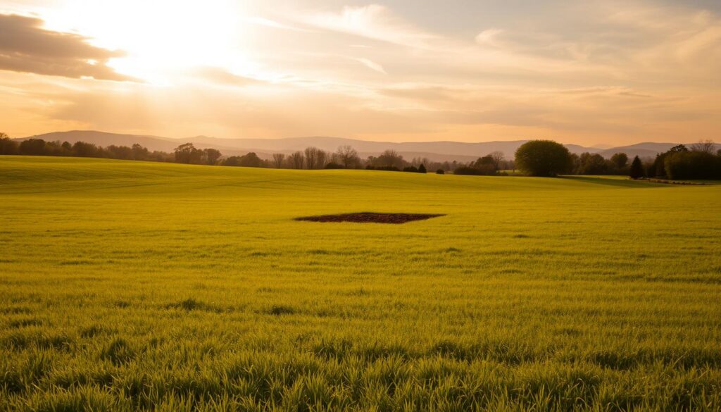 A peaceful countryside scene with a large, lush green meadow stretching out in the foreground. In the middle ground, a small, uneven plot of land stands out, its surface slightly bumpy and irregular. Warm, golden sunlight filters through wispy clouds, casting gentle shadows across the landscape. In the background, a line of rolling hills and distant trees create a serene, natural backdrop. The overall mood is one of tranquility and the desire to prepare the land for a new project, such as a building or garden. A peaceful countryside scene with a large, lush green meadow stretching out in the foreground. In the middle ground, a small, uneven plot of land stands out, its surface slightly bumpy and irregular. Warm, golden sunlight filters through wispy clouds, casting gentle shadows across the landscape. In the background, a line of rolling hills and distant trees create a serene, natural backdrop. The overall mood is one of tranquility and the desire to prepare the land for a new project, such as a building or garden.