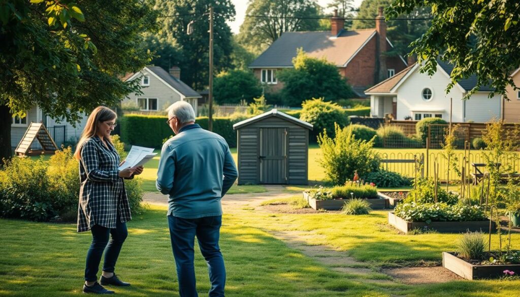 A peaceful suburban landscape, capturing the essential steps in purchasing an allotment garden plot. In the foreground, a family stands together, examining survey documents and discussing the purchase process. The middle ground reveals the plot itself, with a small, well-maintained garden shed nestled amidst lush greenery and neatly tended flower beds. In the background, a row of quaint houses and trees frame the scene, conveying a sense of tranquility and community. The lighting is soft and natural, casting warm, golden tones across the entire composition. The camera angle is slightly elevated, providing a comprehensive view of the scene and highlighting the step-by-step nature of the process.