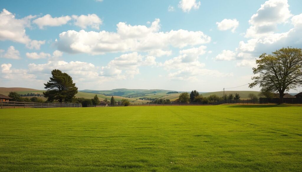 A picturesque countryside scene, a vast, well-manicured plot of land ready for prospective buyers. The foreground showcases a neatly trimmed lawn, surrounded by a well-maintained fence in a neutral color. In the middle ground, a few strategically placed trees and shrubs add a touch of natural beauty, their leaves rustling gently in the soft breeze. The background features rolling hills, with a clear blue sky dotted with fluffy white clouds. The lighting is soft and natural, casting a warm, inviting glow over the entire scene. The camera angle is slightly elevated, providing a sweeping, panoramic view of the property, emphasizing its spaciousness and potential. Overall, the image conveys a sense of tranquility, cleanliness, and opportunity, perfectly capturing the essence of a well-prepared land ready for a quick and secure sale.