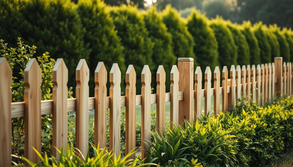 A picturesque countryside scene with a charming wooden fence adorning a lush green garden. The fence, crafted from natural timber, blends seamlessly with the surrounding foliage, creating a rustic and inviting atmosphere. The boards are arranged in a classic horizontal pattern, sturdy and well-maintained, evoking a sense of timelessness. In the background, a row of tall, manicured hedges adds depth and texture, while the soft, diffused lighting casts a warm, golden glow over the entire composition. This idyllic setting perfectly encapsulates the tranquility and beauty of the ideal garden fencing solution.