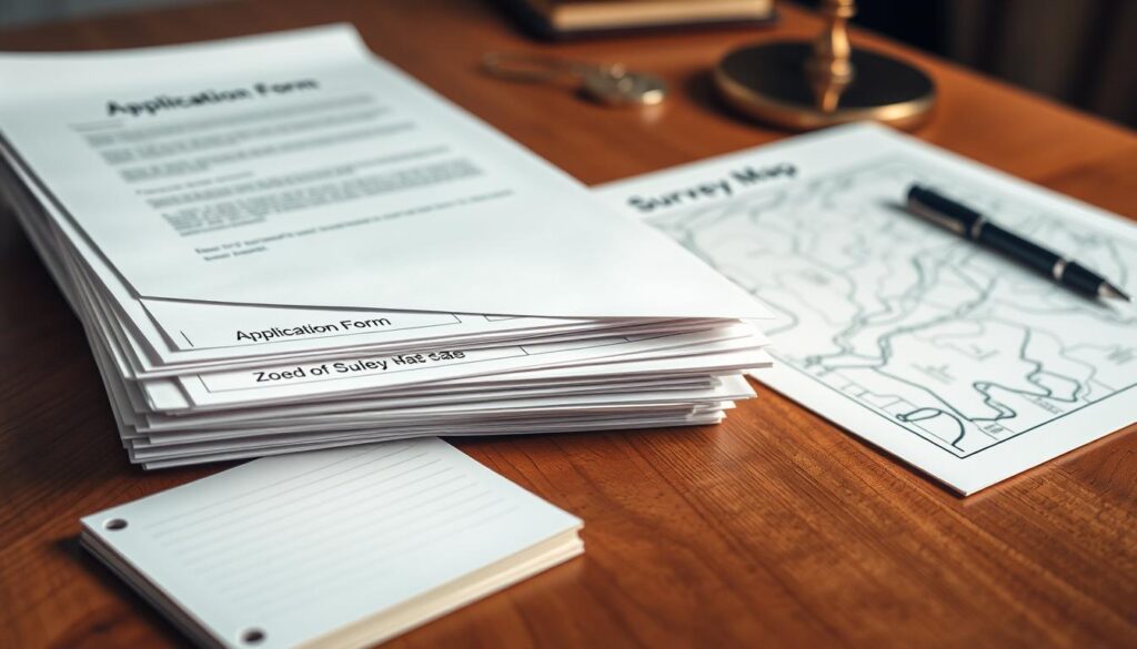 A professional and official-looking document stack on a wooden desk, with a legal notepad and pen nearby. The documents have titles like "Application Form", "Zoning Permit", "Deed of Sale", and "Survey Map". The lighting is soft and indirect, casting a warm glow over the scene. The angle is slightly elevated, giving a sense of importance and formality to the subject matter. The overall mood is one of administrative diligence and attention to detail, reflecting the seriousness of the property purchase process.
