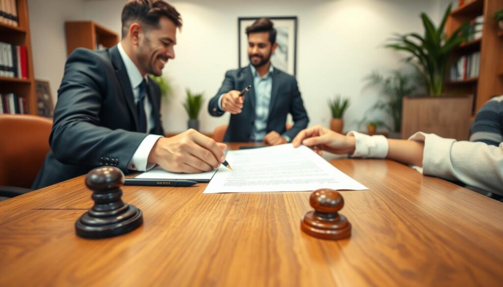 A professional notary signing documents on a wooden desk, with a contract, pen, and official stamp in the foreground. In the middle ground, a person in a suit and tie, representing the buyer, and another person in a casual outfit, representing the seller, are shaking hands over the completed transaction. The background features a warm, modern office setting with bookshelves, potted plants, and muted colors, creating a sense of professionalism and trust. A professional notary signing documents on a wooden desk, with a contract, pen, and official stamp in the foreground. In the middle ground, a person in a suit and tie, representing the buyer, and another person in a casual outfit, representing the seller, are shaking hands over the completed transaction. The background features a warm, modern office setting with bookshelves, potted plants, and muted colors, creating a sense of professionalism and trust.
