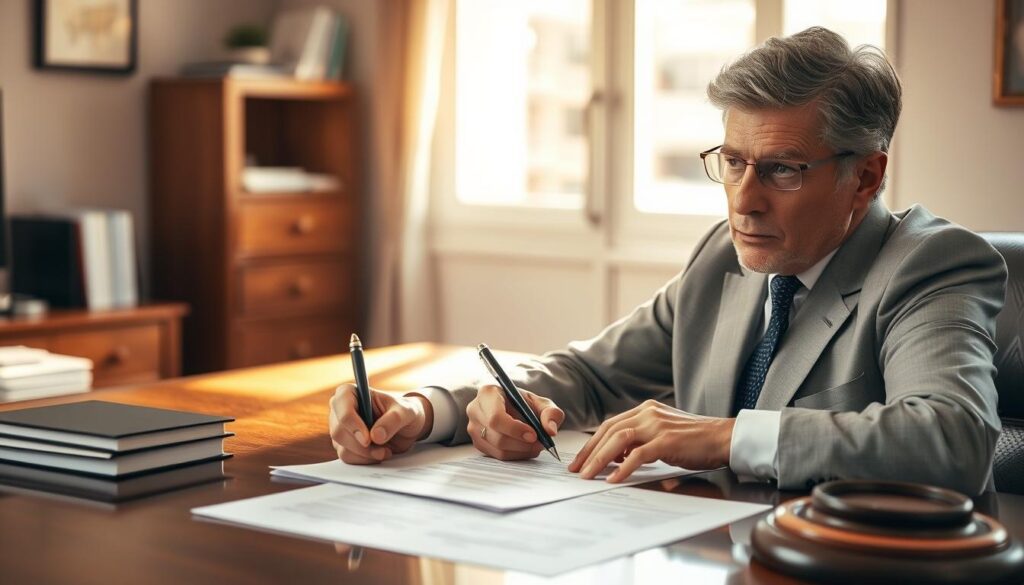 A professional notary sits at a desk, carefully reviewing documents as they oversee the legal transfer of a plot of land. The notary's face is focused, their pen poised to add their official seal, signifying the authenticity of the proceedings. The scene is bathed in warm, natural lighting that filters through a nearby window, casting a gentle glow over the transaction. The background is a neatly organized office, hinting at the notary's attention to detail and commitment to upholding the law. The overall atmosphere conveys a sense of trust, security, and the importance of the notary's role in the real estate transfer process. A professional notary sits at a desk, carefully reviewing documents as they oversee the legal transfer of a plot of land. The notary's face is focused, their pen poised to add their official seal, signifying the authenticity of the proceedings. The scene is bathed in warm, natural lighting that filters through a nearby window, casting a gentle glow over the transaction. The background is a neatly organized office, hinting at the notary's attention to detail and commitment to upholding the law. The overall atmosphere conveys a sense of trust, security, and the importance of the notary's role in the real estate transfer process.