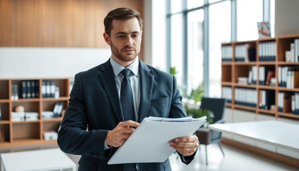 A professional real estate appraiser standing in a modern office, dressed in a smart suit and tie, holding a clipboard and reviewing property documents. The scene is well-lit, with a large window providing natural light and a sleek, minimalist interior design. The appraiser has a focused, analytical expression, conveying expertise and attention to detail. The background features a bookshelf filled with real estate manuals and reference materials, hinting at the depth of knowledge required for this role. The overall atmosphere is one of professionalism, efficiency, and the importance of accurate property valuation.