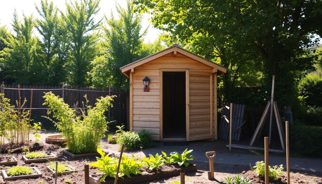 A quaint allotment garden plot on a sunny day, with a newly constructed wooden outhouse nestled amidst lush greenery. The structure features a charming rustic design, with a pitched roof, weathered wooden panels, and a simple doorway. Sunlight filters through the nearby trees, casting a warm, natural glow over the scene. In the foreground, a well-tended vegetable patch and a few gardening tools hint at the industrious nature of the plot's occupants. The overall atmosphere conveys a sense of tranquility, self-sufficiency, and connection to the land.