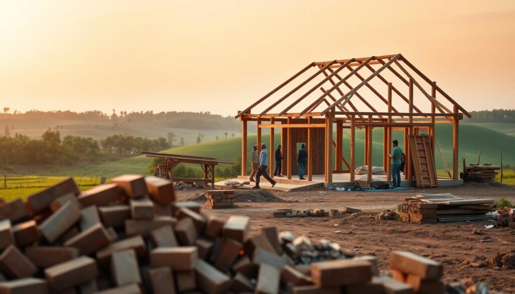 A rural construction site on agricultural land, with workers erecting a modest farmhouse. The foreground features piles of bricks, tools, and building materials, while in the middle ground, a small team of laborers diligently assembles the wooden frame. The background showcases the rolling green hills and the distant treeline, bathed in a warm, golden glow from the setting sun. The scene conveys a sense of industrious activity, with the workers' movements captured in a slightly blurred motion, emphasizing the dynamic nature of the construction process. The overall atmosphere is one of quiet productivity, reflecting the careful and considered approach to building on agricultural lands. A rural construction site on agricultural land, with workers erecting a modest farmhouse. The foreground features piles of bricks, tools, and building materials, while in the middle ground, a small team of laborers diligently assembles the wooden frame. The background showcases the rolling green hills and the distant treeline, bathed in a warm, golden glow from the setting sun. The scene conveys a sense of industrious activity, with the workers' movements captured in a slightly blurred motion, emphasizing the dynamic nature of the construction process. The overall atmosphere is one of quiet productivity, reflecting the careful and considered approach to building on agricultural lands.