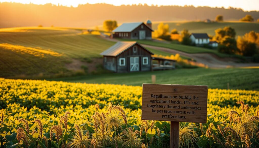 A rustic country landscape with a rolling field of lush crops, a weathered wooden barn in the middle ground, and a picturesque farmhouse nestled in the distance. The warm golden light of the setting sun casts long shadows across the scene, creating a cozy, peaceful atmosphere. In the foreground, a small wooden sign stands amid the vegetation, detailing the regulations for building on agricultural land. The prompt should convey the tranquil, rural setting in which these regulations would apply. A rustic country landscape with a rolling field of lush crops, a weathered wooden barn in the middle ground, and a picturesque farmhouse nestled in the distance. The warm golden light of the setting sun casts long shadows across the scene, creating a cozy, peaceful atmosphere. In the foreground, a small wooden sign stands amid the vegetation, detailing the regulations for building on agricultural land. The prompt should convey the tranquil, rural setting in which these regulations would apply.
