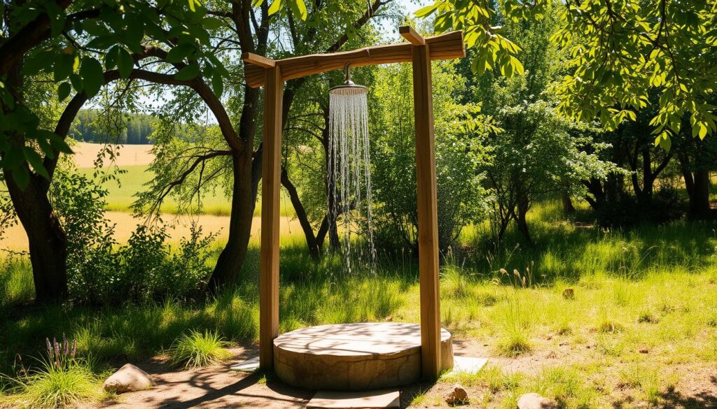 A rustic outdoor shower installation on a rural plot, surrounded by lush greenery. The structure features a simple wooden frame supporting a rainfall showerhead and a small platform for standing, all situated in a serene, sun-dappled clearing. Rough-hewn wooden planks and a natural stone base blend seamlessly with the pastoral landscape. Soft shadows cast by the overhead foliage create a warm, inviting ambiance, perfect for a refreshing summer rinse after a day spent outdoors. The overall scene conveys a sense of tranquility and a connection to the natural world.