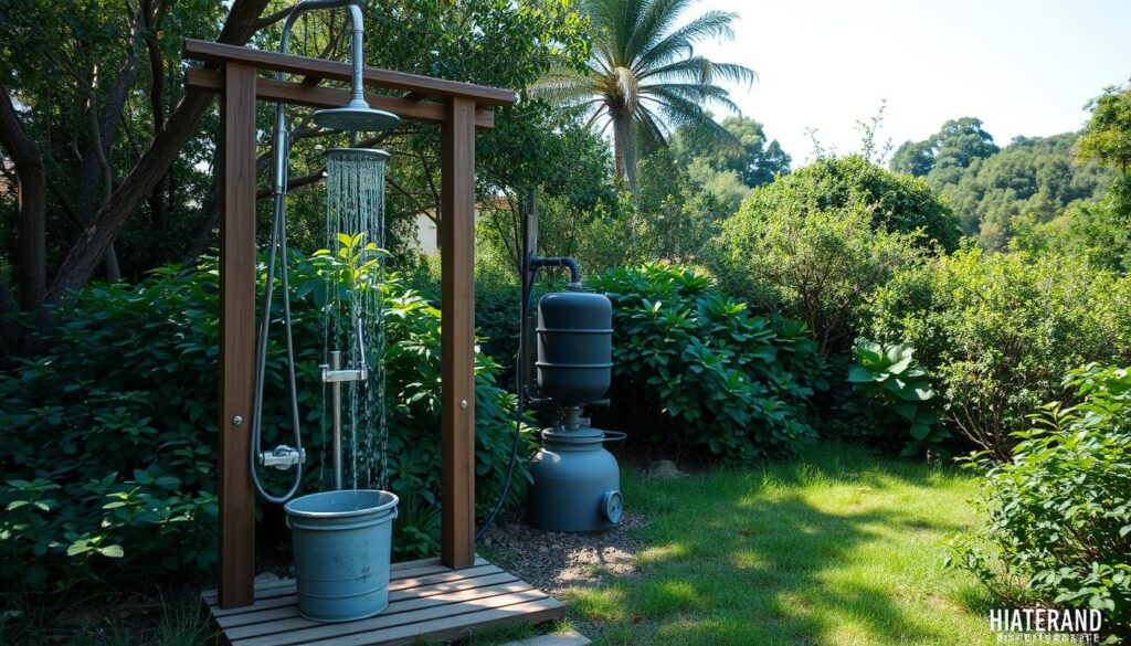 A rustic outdoor shower setup in a lush, verdant garden. In the foreground, a simple wooden structure houses a shower head and drainage system, with a bucket or container to collect water. The middle ground features a water storage solution, perhaps a rain barrel or a tank, connected to the shower via pipes or hoses. The background showcases a tranquil natural setting, with trees, bushes, and a clear blue sky, creating a peaceful, off-the-grid atmosphere. The lighting is soft and natural, with the sun filtering through the foliage. The overall scene conveys a sense of self-sufficiency, sustainability, and connection with nature, suitable for a relaxing summer getaway.