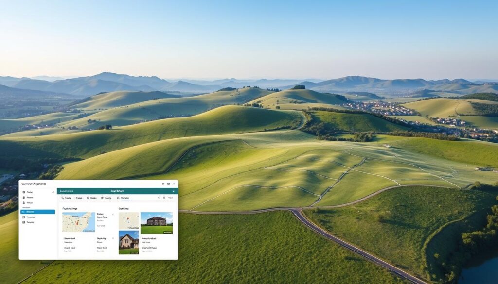 A serene aerial view of a modern geoportal interface, showcasing a rolling green landscape dotted with residential lots. The foreground features a sleek, intuitive dashboard with interactive tools, allowing the user to seamlessly navigate and explore available land parcels. The middle ground displays a detailed topographical map, with contour lines and property boundaries clearly marked. In the background, a hazy blue sky creates a calming atmosphere, complemented by the soft shadows cast by the sun's gentle rays. The overall composition conveys a sense of clarity, simplicity, and ease of use, inviting the viewer to embark on their property search journey.