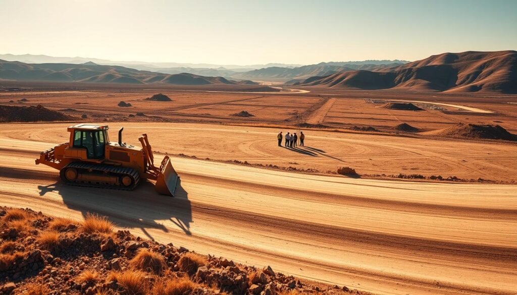 A serene and orderly landscape depicting the key stages of land leveling. In the foreground, a heavy-duty bulldozer gently smooths the uneven terrain, leaving a freshly graded surface. In the middle ground, a team of surveyors measures the slopes and contours, ensuring precise leveling. In the distance, a panoramic view of the site showcases the transformation from a rugged, undulating plot to a perfectly flat expanse, ready for construction. The scene is bathed in warm, natural lighting, with long shadows cast by the machinery, evoking a sense of diligence and progress. The overall composition conveys the meticulous process of land preparation, a crucial first step in the journey towards a successful building project. A serene and orderly landscape depicting the key stages of land leveling. In the foreground, a heavy-duty bulldozer gently smooths the uneven terrain, leaving a freshly graded surface. In the middle ground, a team of surveyors measures the slopes and contours, ensuring precise leveling. In the distance, a panoramic view of the site showcases the transformation from a rugged, undulating plot to a perfectly flat expanse, ready for construction. The scene is bathed in warm, natural lighting, with long shadows cast by the machinery, evoking a sense of diligence and progress. The overall composition conveys the meticulous process of land preparation, a crucial first step in the journey towards a successful building project.
