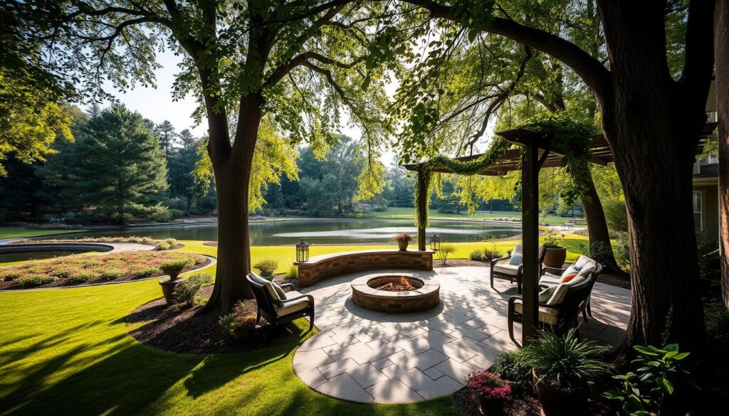 A serene garden oasis with a beautifully crafted patio, surrounded by lush greenery and towering trees. The patio features comfortable seating arrangements, a cozy firepit, and a pergola draped with cascading vines, creating a warm, inviting atmosphere. Soft, natural lighting filters through the leaves, casting a gentle glow across the space. In the distance, a tranquil pond reflects the sky, inviting visitors to pause, relax, and immerse themselves in the tranquility of this restful retreat.