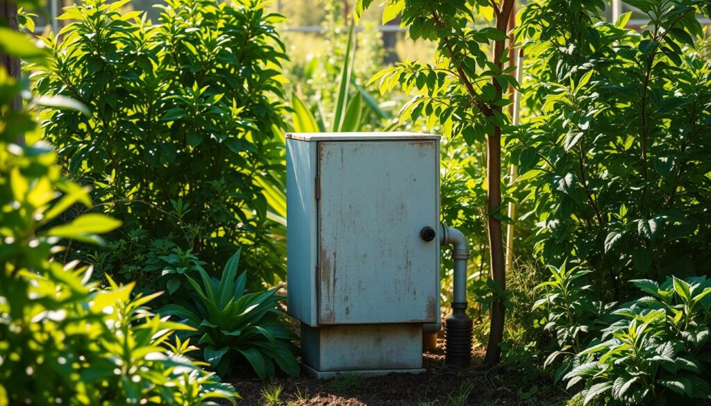 A serene garden scene with an electrical box nestled amidst lush greenery. The weathered metal casing stands in contrast to the vibrant foliage, casting subtle shadows across the well-tended plot. Sunlight filters through the canopy, creating a warm, inviting atmosphere. The box is positioned strategically, seamlessly integrated into the landscape, suggesting the careful planning required to bring power to this outdoor sanctuary. The composition emphasizes the harmony between the practical and the natural, hinting at the necessary steps to establish an off-grid electrical system in a tranquil, rural setting.