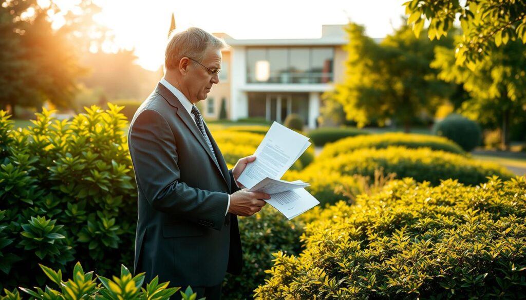 A serene landscape of a well-manicured, verdant garden property, with a focal point of a middle-aged man in a suit standing amidst lush foliage, examining a series of legal documents in his hands. The scene is bathed in warm, golden afternoon light, creating a sense of contemplation and professionalism. In the background, a modern office building is visible, hinting at the legal context. The composition is balanced, with the man positioned off-center, allowing for ample negative space to convey a sense of authority and expertise. The overall mood is one of thoughtful consideration and the pursuit of a just resolution.
