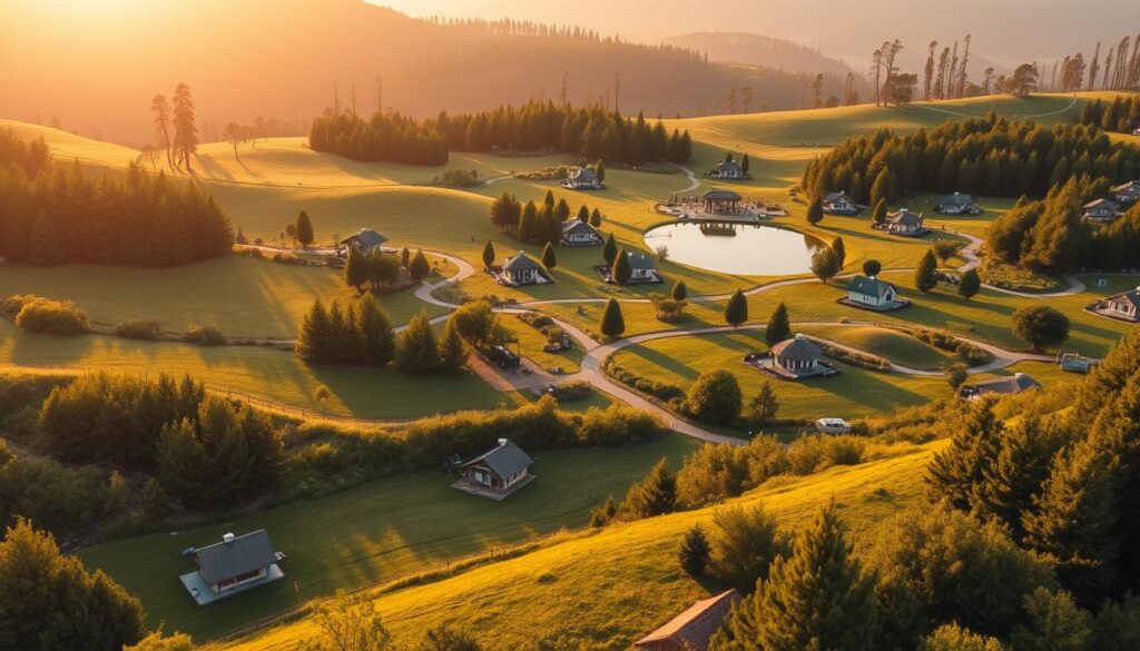 A serene landscape of picturesque recreational plots, nestled amidst lush greenery. In the foreground, neatly demarcated parcels of land, each with a quaint cabin or tent pitched, suggesting idyllic getaways. The middle ground features winding paths and communal amenities, such as a cozy gazebo and a tranquil lake, inviting visitors to immerse themselves in the joys of outdoor recreation. The background is dominated by a backdrop of rolling hills and towering trees, bathed in a warm, golden glow from the setting sun, creating a sense of peace and tranquility. The overall scene conveys the potential of these recreational plots as lucrative investment opportunities, catering to the growing demand for nature-based tourism and leisure.