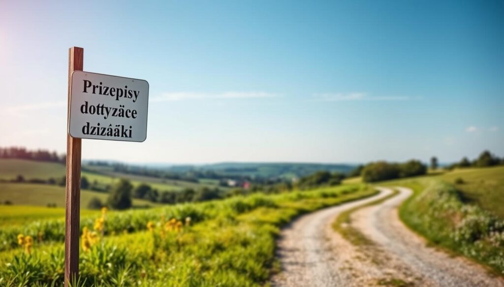 A serene landscape showcasing a residential plot of land, its boundaries delineated by lush greenery. In the foreground, a signpost stands tall, bearing the words "Przepisy dotyczące sprzedaży działki" in an elegant typeface. The middle ground features a well-maintained path leading towards the plot, inviting the viewer to explore the legal intricacies involved in the land sale process. The background depicts a picturesque countryside, with rolling hills and a clear, blue sky, conveying a sense of tranquility and opportunity. The lighting is soft and diffused, creating a warm, inviting atmosphere that reflects the informative nature of the subject matter.
