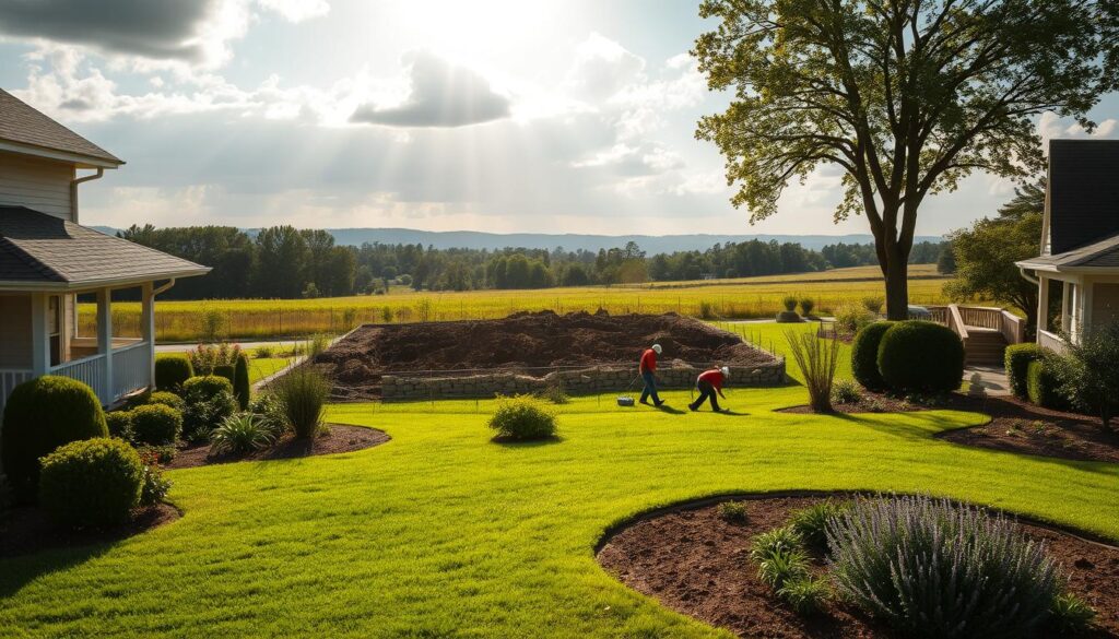 A serene landscape with a well-manicured residential property in the foreground, featuring a neatly trimmed lawn and a pristine garden. In the middle ground, a construction crew is digging into the earth, unearthing the soil. Sunlight filters through the clouds, casting a warm glow over the scene. The background showcases a tranquil, tree-lined horizon, creating a sense of balance and harmony. The image conveys a sense of tension between the peaceful domesticity and the intrusive construction work, alluding to the potential conflict and the need for fair compensation. The overall composition and lighting evoke a contemplative mood, inviting the viewer to consider the complexities of property rights and the challenges of development.