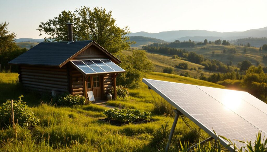 A serene off-grid countryside scene, capturing the cost of electricity on a recreational plot. In the foreground, a rustic wooden cabin nestled amidst lush greenery, its solar panels gleaming in the warm afternoon sunlight. The middle ground features a small vegetable garden, hinting at self-sufficient living. In the background, rolling hills dotted with trees recede into the distance, evoking a sense of tranquility. The lighting is soft and natural, creating a peaceful, ambient atmosphere. Photographed with a wide-angle lens to encompass the entire scene, the image conveys the costs and considerations of powering a remote, off-the-grid recreational property. A serene off-grid countryside scene, capturing the cost of electricity on a recreational plot. In the foreground, a rustic wooden cabin nestled amidst lush greenery, its solar panels gleaming in the warm afternoon sunlight. The middle ground features a small vegetable garden, hinting at self-sufficient living. In the background, rolling hills dotted with trees recede into the distance, evoking a sense of tranquility. The lighting is soft and natural, creating a peaceful, ambient atmosphere. Photographed with a wide-angle lens to encompass the entire scene, the image conveys the costs and considerations of powering a remote, off-the-grid recreational property.
