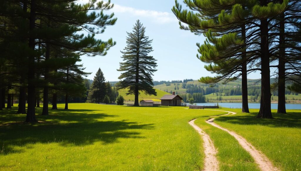 A serene rural landscape unfolds, with a lush green meadow in the foreground gently sloping towards a tranquil lake. Towering pine trees line the horizon, their verdant canopies casting a soft, dappled light across the scene. In the distance, a modest country house nestles amidst rolling hills, its rustic charm complementing the natural setting. A dirt path winds through the landscape, inviting the viewer to explore this idyllic location, a potential site for the perfect family home. The overall mood is one of peace and harmony, with the natural elements working in perfect balance to create a welcoming and picturesque "lokalizacja działki".