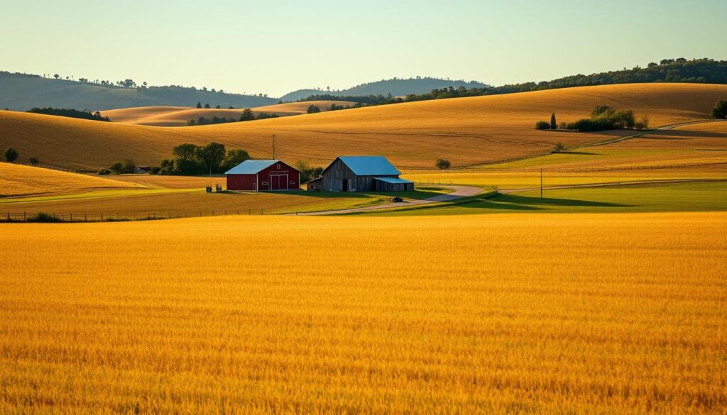 A serene rural landscape with a large, open field in the foreground. In the middle ground, a winding dirt road leads towards a small farmhouse and several barns, their weathered wood and tin roofs reflecting the warm afternoon sun. In the background, rolling hills dotted with patches of lush greenery and the silhouettes of distant trees. The scene conveys a sense of tranquility and the timeless nature of the countryside. Lighting is natural and soft, with long shadows cast across the field. The camera angle is slightly elevated, offering a panoramic view of the scene. The overall mood is one of peaceful contemplation, inviting the viewer to consider the factors that influence the value of this rural land.