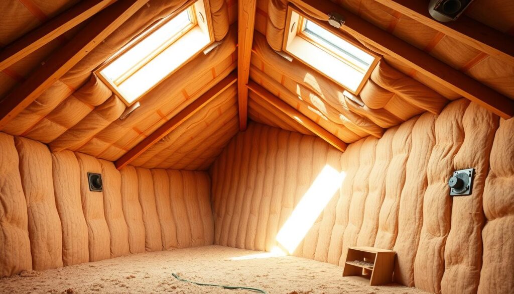 A spacious attic interior, bathed in warm, natural light streaming through skylights. Thick, high-quality insulation materials line the ceiling and walls, effectively trapping heat and preventing energy loss. Carefully placed ventilation systems ensure proper air circulation, mitigating moisture buildup. The space is organized, with neatly arranged storage solutions and well-planned access points. Soft, earthy tones create a cozy, inviting atmosphere, making the attic a comfortable and efficient living or storage space. The overall scene conveys a sense of energy efficiency, functionality, and attention to detail in the insulation and renovation process.