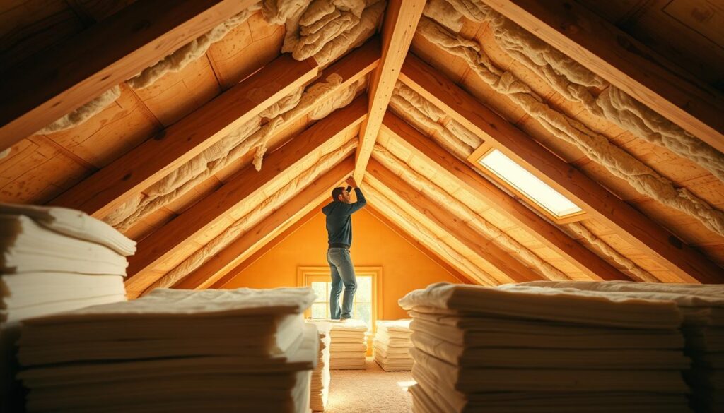 A spacious attic interior in warm natural lighting, showcasing the process of insulating the roof. In the foreground, stacks of insulation materials such as fiberglass batts or mineral wool boards are neatly arranged. In the middle ground, a carpenter or contractor is carefully installing the insulation between the wooden ceiling beams, meticulously sealing any gaps. The background reveals the sloped roofline with exposed roof tiles, hinting at the exterior of the house. The scene conveys a sense of expertise, precision, and the practical steps involved in properly insulating an attic space to improve energy efficiency and comfort.