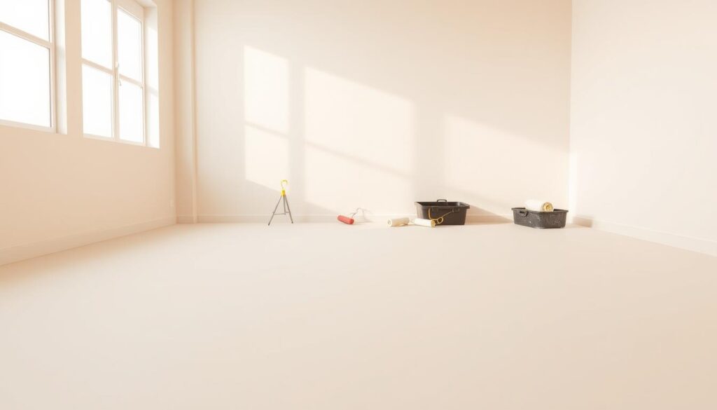 A spacious interior with a smooth, off-white wall in the foreground, serving as the main focus. The wall surface appears clean, with a slight texture hinting at careful preparation. In the middle ground, a toolbox, paint rollers, and other wall preparation tools are neatly arranged, suggesting the diligent process of preparing the surface for insulation. The background features a warm, natural lighting, casting a soft, even glow across the scene, creating a calming and organized atmosphere. The overall composition conveys a sense of attention to detail and readiness for the next stage of the home insulation project. A spacious interior with a smooth, off-white wall in the foreground, serving as the main focus. The wall surface appears clean, with a slight texture hinting at careful preparation. In the middle ground, a toolbox, paint rollers, and other wall preparation tools are neatly arranged, suggesting the diligent process of preparing the surface for insulation. The background features a warm, natural lighting, casting a soft, even glow across the scene, creating a calming and organized atmosphere. The overall composition conveys a sense of attention to detail and readiness for the next stage of the home insulation project.