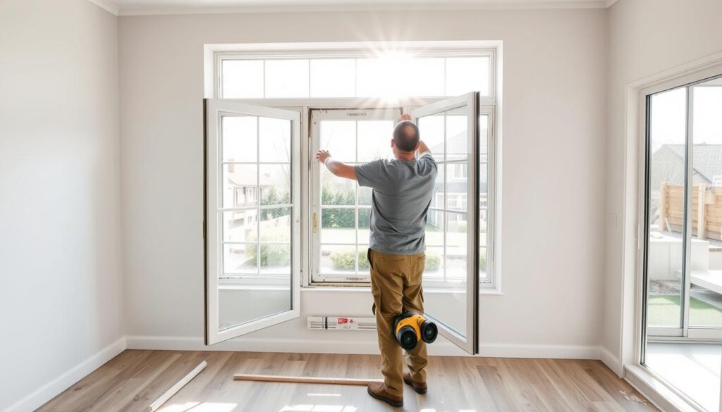 A spacious, well-lit room showcases a homeowner carefully inspecting the installation of new double-glazed windows. Sunlight streams through the large, modern frames, illuminating the tidy workspace and freshly painted walls. In the foreground, the worker deftly secures the window trim, ensuring a tight, energy-efficient seal. The middle ground reveals the old, drafty windows being carefully removed, highlighting the need for this crucial home improvement. In the background, a panoramic view of the home's exterior suggests the transformative impact these updated windows will have on the overall energy efficiency and curb appeal. The scene conveys a sense of purposeful progress, with the homeowner's satisfaction palpable as their home enters a new era of comfort and sustainability.