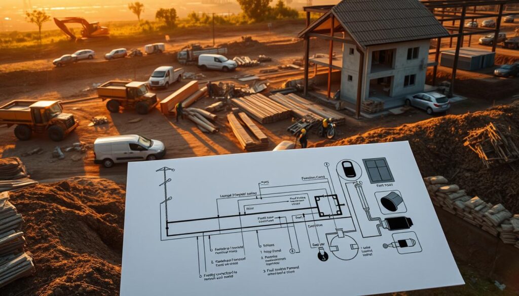 A sprawling construction site, with heavy machinery and workers toiling amidst piles of construction materials. In the foreground, a detailed schematic diagram depicting the various utility connections - electricity, water, sewage - required to develop a residential plot. The scene is bathed in warm, golden-hour lighting, casting long shadows and creating a sense of industrious activity. The background features a partially constructed house, hinting at the final outcome of the infrastructure work. The overall composition conveys the complex and costly process of preparing a plot of land for residential development. A sprawling construction site, with heavy machinery and workers toiling amidst piles of construction materials. In the foreground, a detailed schematic diagram depicting the various utility connections - electricity, water, sewage - required to develop a residential plot. The scene is bathed in warm, golden-hour lighting, casting long shadows and creating a sense of industrious activity. The background features a partially constructed house, hinting at the final outcome of the infrastructure work. The overall composition conveys the complex and costly process of preparing a plot of land for residential development.