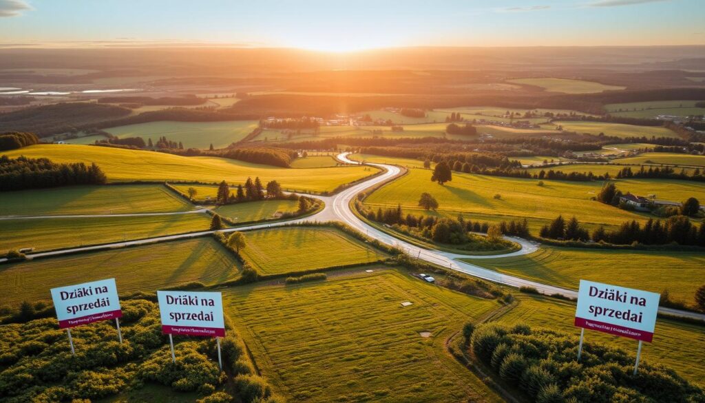 A sprawling landscape of for-sale land plots, nestled amidst lush greenery and rolling hills. In the foreground, meticulously laid-out parcels with "Działki na sprzedaż" signs, inviting prospective buyers. The middle ground features well-maintained access roads winding through the picturesque setting, while the background is dominated by a panoramic view of the surrounding countryside, bathed in the warm glow of a golden hour sunset. The scene conveys a sense of tranquility and opportunity, perfectly suited to illustrate the current state of the land market.