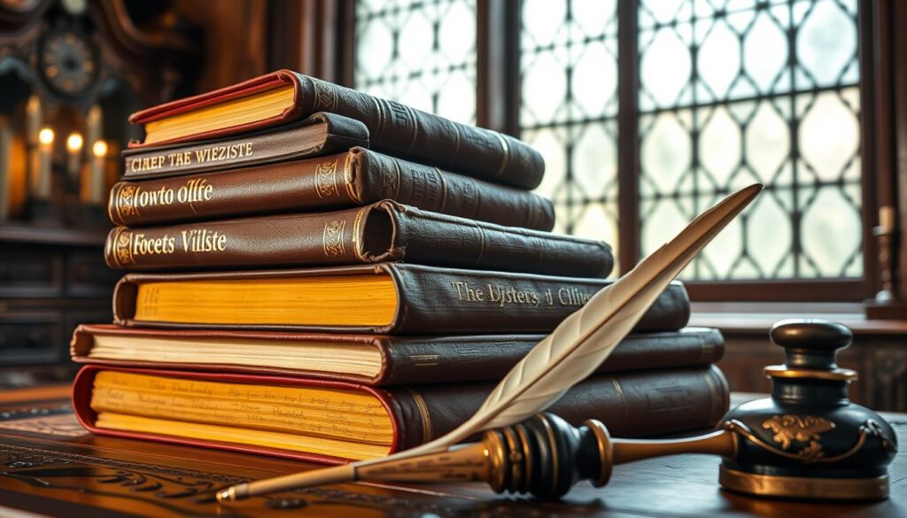 A stack of antique leather-bound books, their spines embossed with gilded lettering, sitting atop an ornate wooden desk. Soft, warm lighting filters through leaded glass windows, casting a cozy glow across the scene. The books appear well-worn, their pages yellowed with age, hinting at the wealth of historical information they contain. In the foreground, a quill pen and an inkwell sit ready, evoking a sense of scholarly contemplation. The overall atmosphere is one of timeless erudition and the enduring importance of meticulous record-keeping, perfectly capturing the essence of "księgi wieczyste" - the permanent land records that form the foundation of property ownership.