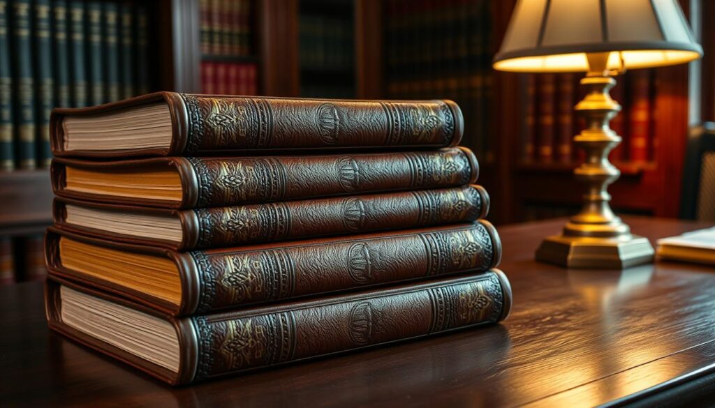 A stack of leather-bound legal volumes with embossed gold lettering, resting on a mahogany table in a stately law office. Soft, warm lighting from a table lamp casts a cozy glow, illuminating the intricate patterns and textures of the books' covers. The books appear well-worn, hinting at their historical significance and the wealth of knowledge they contain. The scene conveys a sense of authority, tradition, and the importance of maintaining accurate, comprehensive records - the essence of a land registry or "księgi wieczyste."