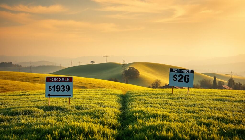 A striking comparison of land prices, showcasing a side-by-side visualization of two adjacent parcels of land. In the foreground, a well-manicured, lush green plot with a "For Sale" sign, its price prominently displayed. Beside it, a similarly sized plot, but with a different sign indicating a higher cost. The middle ground features a rolling, verdant landscape, dotted with the occasional tree or shrub, creating a sense of tranquility. In the background, a hazy, atmospheric sky, with wispy clouds casting soft shadows across the scene. The lighting is natural, with warm, golden tones highlighting the contrast between the two lots. The camera angle is slightly elevated, providing a comprehensive view of the comparison, allowing the viewer to fully appreciate the differences in land values.