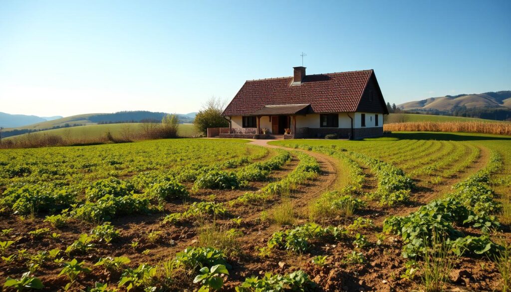 A sun-dappled field, dotted with lush vegetation, stretches out before a quaint country house. In the foreground, a picturesque plot of land stands as the focal point, its fertile soil and verdant foliage hinting at its potential as a valuable asset. The middle ground features a winding path leading to the house, its warm, rustic facade inviting contemplation. In the background, rolling hills and a tranquil sky create a serene, pastoral atmosphere. The lighting is soft and natural, casting gentle shadows and highlights that accentuate the scene's organic beauty. This image captures the essence of a property that could serve as a viable down payment for a mortgage, reflecting the notion of "działka jako wkład własny" - a plot of land as a personal contribution towards a dream home. A sun-dappled field, dotted with lush vegetation, stretches out before a quaint country house. In the foreground, a picturesque plot of land stands as the focal point, its fertile soil and verdant foliage hinting at its potential as a valuable asset. The middle ground features a winding path leading to the house, its warm, rustic facade inviting contemplation. In the background, rolling hills and a tranquil sky create a serene, pastoral atmosphere. The lighting is soft and natural, casting gentle shadows and highlights that accentuate the scene's organic beauty. This image captures the essence of a property that could serve as a viable down payment for a mortgage, reflecting the notion of "działka jako wkład własny" - a plot of land as a personal contribution towards a dream home.