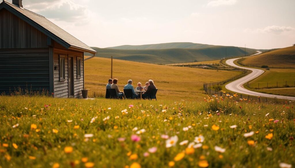A sun-dappled landscape, a rolling meadow dotted with vibrant wildflowers. In the foreground, a neatly trimmed lawn leads to a modest yet charming country house, its weathered wooden siding and gabled roof radiating a warm, inviting atmosphere. In the middle ground, a family gathers around a table on the patio, discussing financial matters with a calm, thoughtful expression. In the background, a winding country road winds through verdant hills, hinting at the possibilities that await beyond the property's borders. The scene is bathed in soft, golden light, creating a sense of serenity and tranquility that belies the complex financial decisions at hand.
