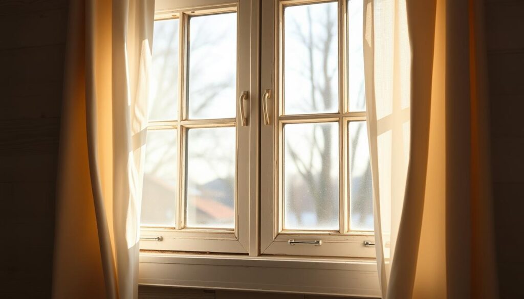 A sun-drenched window frame, its weathered wood gleaming with a fresh coat of paint. Soft, cozy curtains frame the glass, their delicate folds reflecting the warm glow of the afternoon light. Insulation materials, such as weatherstripping and foam sealants, are neatly applied along the edges, creating an effective barrier against the chill. The overall scene conveys a sense of comfort and energy efficiency, with the window serving as the focal point of a well-insulated and thermally optimized home interior.