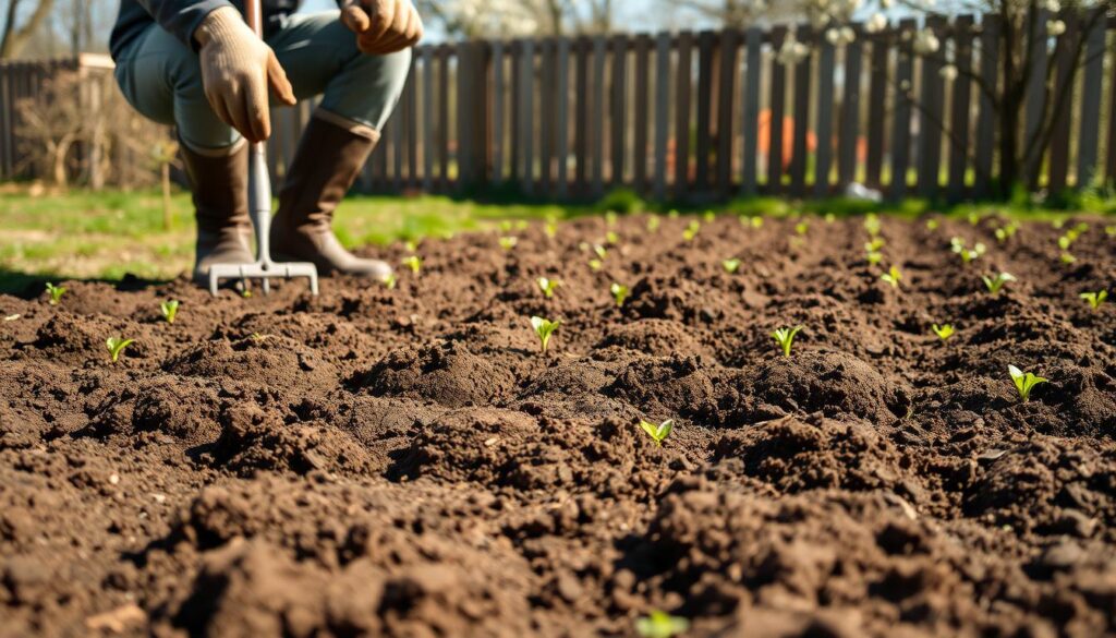 A sunny spring day, the soil in a well-tilled vegetable garden lies ready for planting. In the foreground, a person in work gloves and boots kneels, carefully turning over the rich, dark earth with a spading fork. The middle ground shows neat rows of freshly turned soil, glistening with moisture and dotted with small, green sprouts. In the background, a wooden fence and blooming trees frame the scene, conveying a sense of renewal and growth. Soft, natural lighting bathes the entire composition, enhancing the earthy tones and creating a tranquil, peaceful atmosphere.