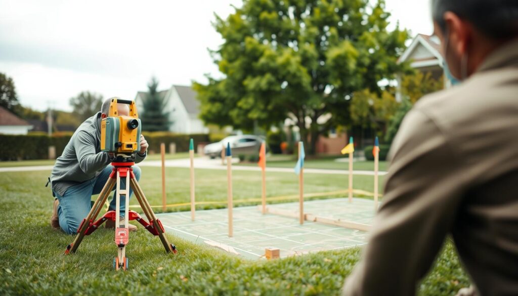 A surveyor carefully measuring and marking the boundaries of a residential property with a theodolite and surveyor's tape. The foreground depicts the surveyor in a focused, professional pose, their equipment laid out on the grass. In the middle ground, wooden stakes and colored flags delineate the plot's perimeter, creating a visual map of the land. The background showcases a well-manicured lawn, with lush greenery and a clear sky overhead, conveying a sense of orderliness and precision. Soft, diffused lighting creates a serene, technical atmosphere, emphasizing the importance of the land surveying process. A surveyor carefully measuring and marking the boundaries of a residential property with a theodolite and surveyor's tape. The foreground depicts the surveyor in a focused, professional pose, their equipment laid out on the grass. In the middle ground, wooden stakes and colored flags delineate the plot's perimeter, creating a visual map of the land. The background showcases a well-manicured lawn, with lush greenery and a clear sky overhead, conveying a sense of orderliness and precision. Soft, diffused lighting creates a serene, technical atmosphere, emphasizing the importance of the land surveying process.