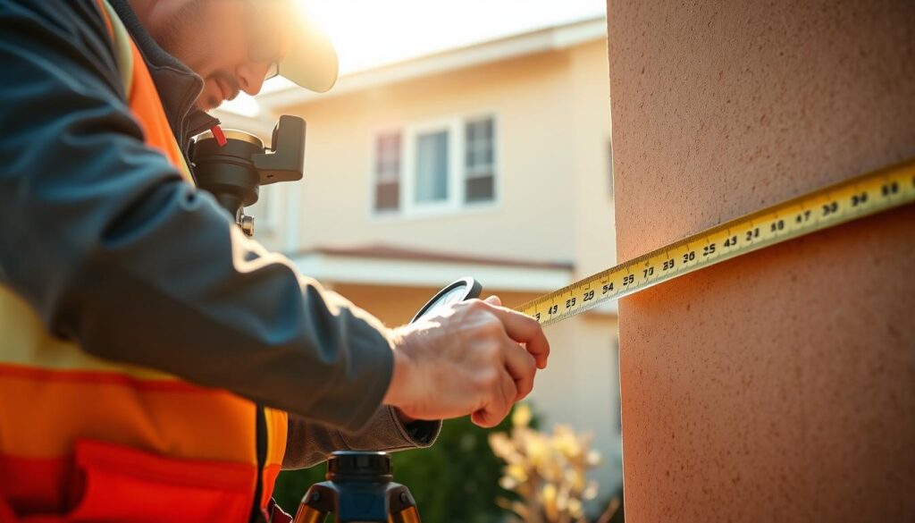 A surveyor inspecting the boundaries of a residential building, using a surveyor's compass, measuring tape, and other surveying equipment. The scene is set in a sunny, outdoor environment, with the building's facade visible in the background. Warm, natural lighting illuminates the foreground, creating subtle shadows and highlights that accentuate the surveying process. The composition focuses on the surveyor's attention to detail as they carefully mark the building's perimeter, conveying the precision and care required for this task. The overall mood is one of diligence and professionalism, reflecting the importance of accurately defining a property's boundaries.